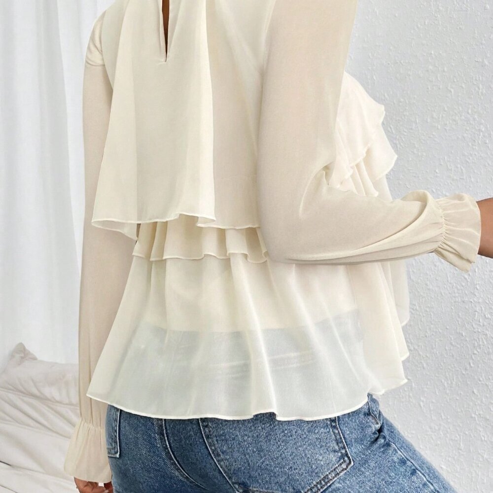 Apricot Casual Women's Loose Ruffled Chiffon Long-Sleeved Shirt Blouse - Picture 3 of 7